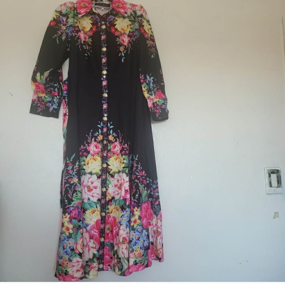 Nwt Dalia MacPhee Dress Large Black Pink Floral Button-Front  Long Sleeve Mi… - Picture 10 of 13